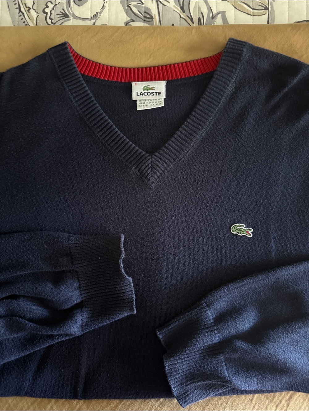 Lacoste Navy V-Neck Sweater with Red Trim